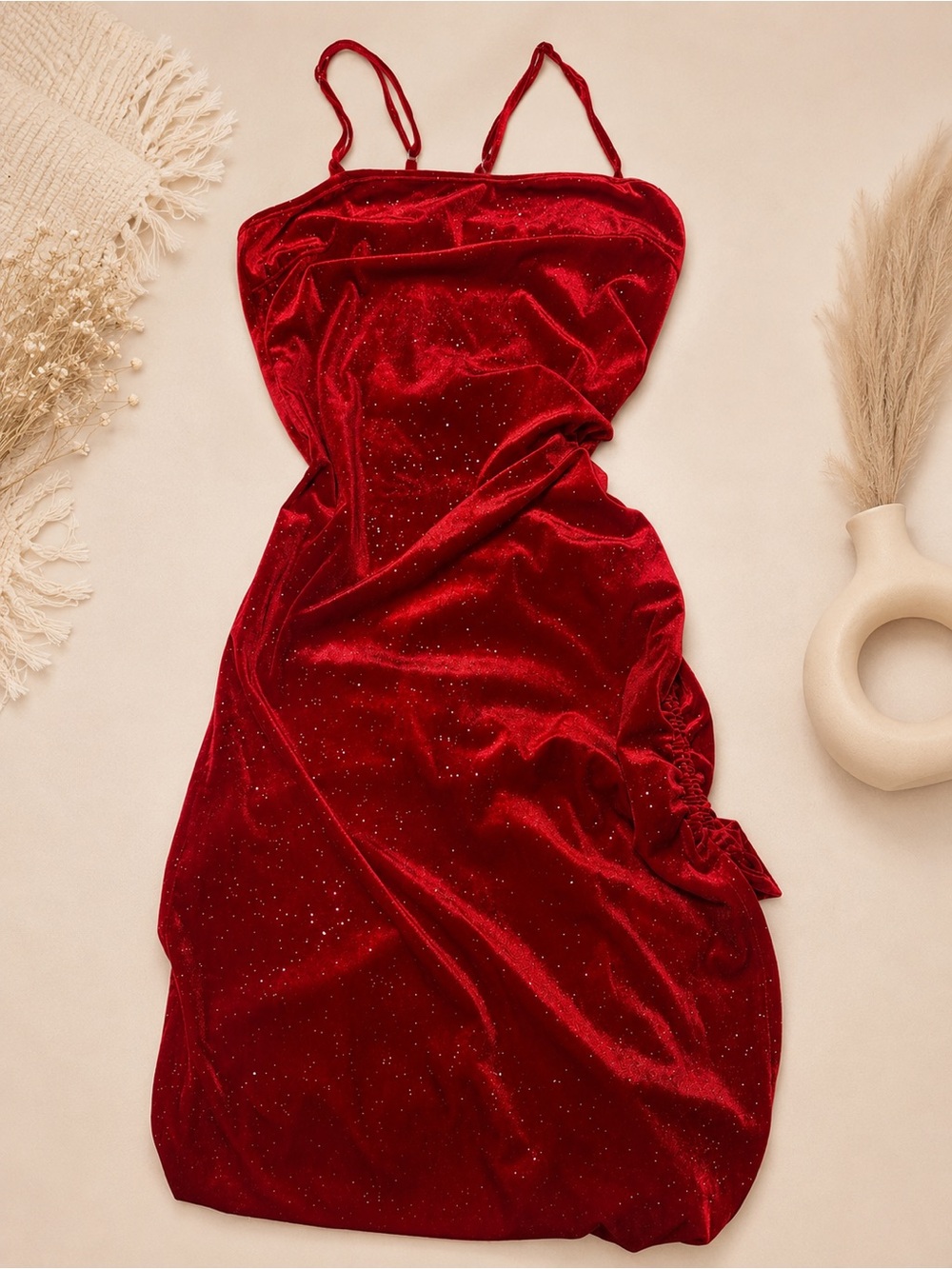 SHEIN Red Velvet Sparkle Spaghetti Strap Wedding Dress